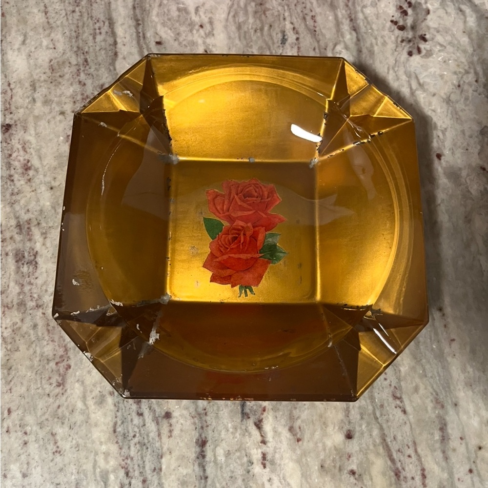 Vintage Amber Glass Ashtray with Red Rose Design
